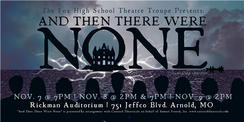 A dark and moody poster with an ominous mansion and the silhouettes of ten people in the foreground. Text for the play's info